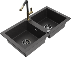 Mexen Mario granite 2-bowl sink with Flora kitchen tap, speckled black - 6504-76-670401-57-B