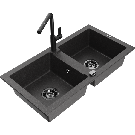 Mexen Mario granite sink 2-bowl with Flora kitchen tap, black speckled - 6504-76-670401-70-B