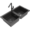 Mexen Mario granite sink 2-bowl with Flora kitchen tap, black speckled - 6504-76-670401-70-B