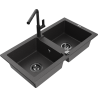 Mexen Mario lava-loiça de granito com 2 cubas e torneira de cozinha Flora, preto salpicado - 6504-76-670401-70-B