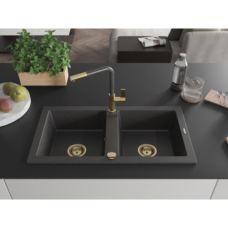 Mexen Mario fregadero de granito de 2 senos con grifo de cocina Flora, negro salpicado - 6504-76-670401-75-G