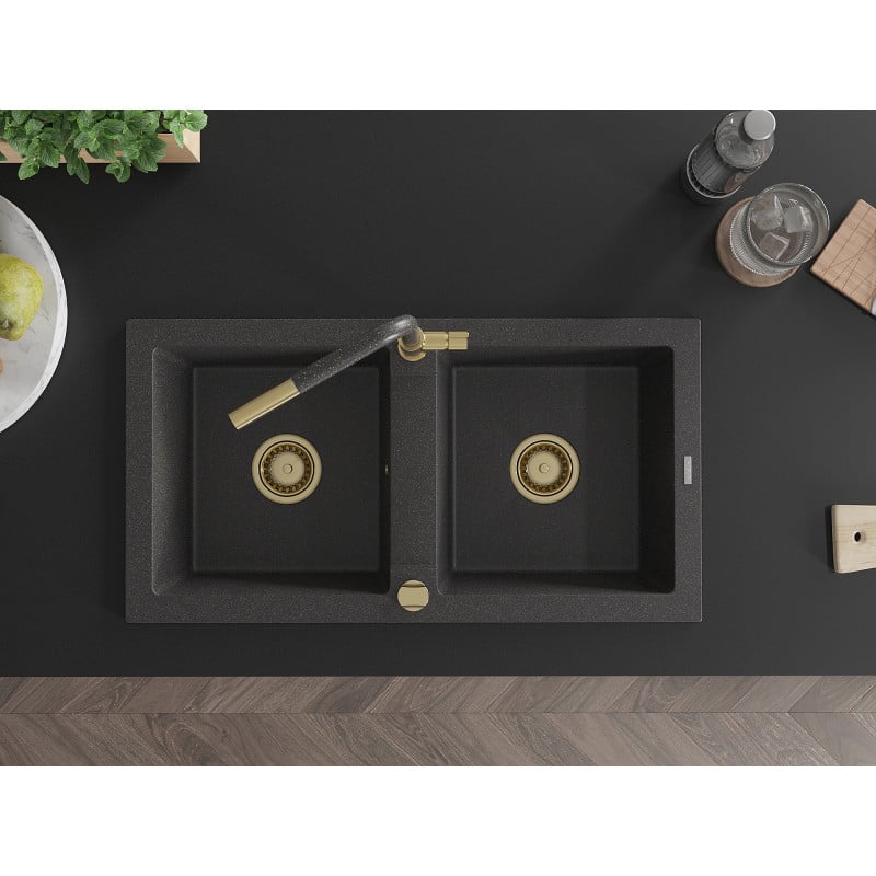 Mexen Mario granite kitchen sink 2-bowl with Flora kitchen tap, black speckled - 6504-76-670401-75-G