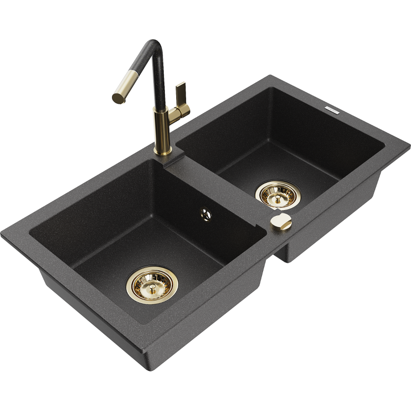 Mexen Mario granite kitchen sink 2-bowl with Flora kitchen tap, black speckled - 6504-76-670401-75-G