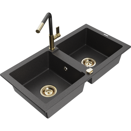 Mexen Mario granite kitchen sink 2-bowl with Flora kitchen tap, black speckled - 6504-76-670401-75-G