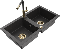 Mexen Mario granite kitchen sink 2-bowl with Flora kitchen tap, black speckled - 6504-76-670401-75-G