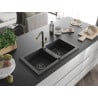 Mexen Mario granite sink 2-bowl with Flora kitchen tap, black speckled - 6504-76-670401-75-B