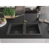 Mexen Mario granite sink 2-bowl with Flora kitchen tap, black speckled - 6504-76-670401-75-B
