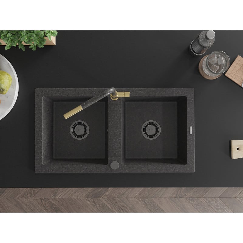 Mexen Mario fregadero de granito de 2 compartimentos con grifo de cocina Flora, negro moteado - 6504-76-670401-75-B