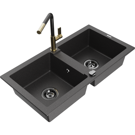 Mexen Mario fregadero de granito de 2 compartimentos con grifo de cocina Flora, negro moteado - 6504-76-670401-75-B
