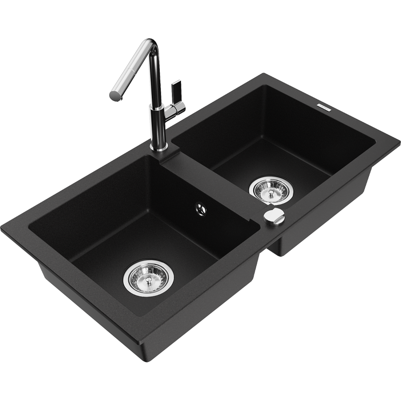 Mexen Mario 2-osainen graniittinen keittiöallas keittiöhanalla Flora, musta - 6504-77-670401-00