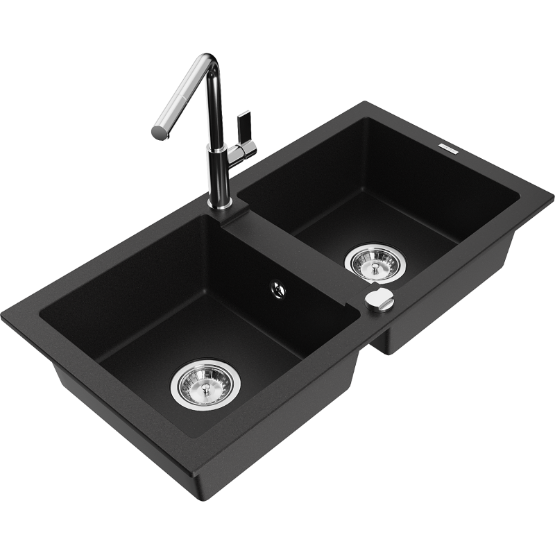 Mexen Mario Granit-Spullsteen mat 2-Komor mat Kichen-Armatur Flora, schwaarz - 6504-77-670401-00