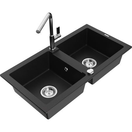 Mexen Mario fregadero de granito de 2 compartimentos con grifo de cocina Flora, negro - 6504-77-670401-00