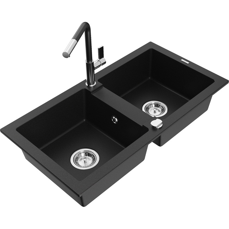 Mexen Mario fregadero de granito de 2 compartimentos con grifo de cocina Flora, negro - 6504-77-670401-07