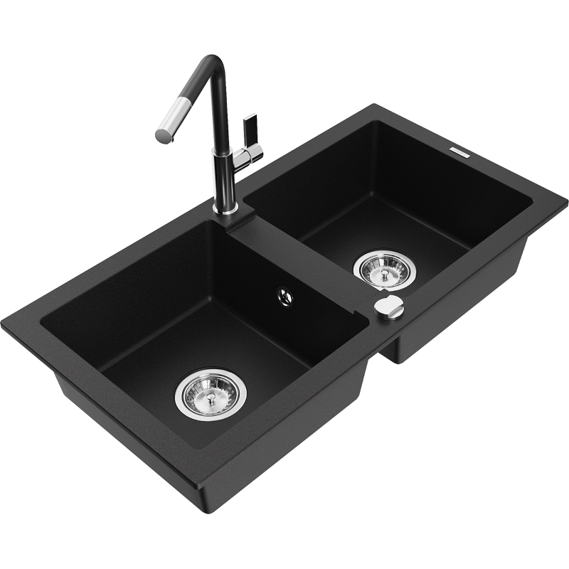 Mexen Mario fregadero de granito de 2 senos con grifo de cocina Flora, negro - 6504-77-670401-07