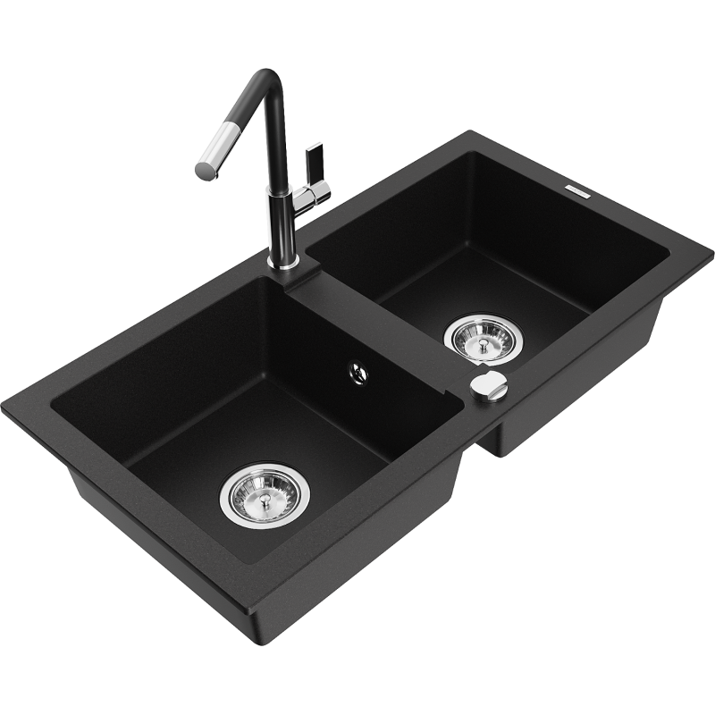 Mexen Mario lava-louça de granito de 2 cubas com torneira de cozinha Flora, preto - 6504-77-670401-07