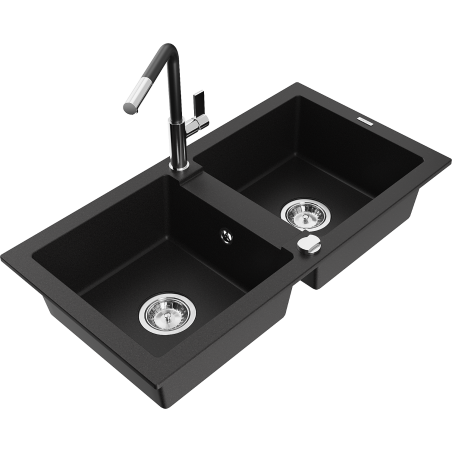 Mexen Mario granite kitchen sink 2-bowl with Flora kitchen tap, black - 6504-77-670401-07