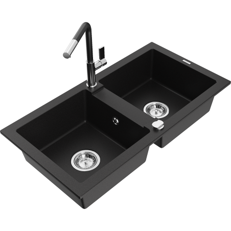 Mexen Mario lava-louça de granito de 2 cubas com torneira de cozinha Flora, preto - 6504-77-670401-07