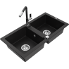 Mexen Mario granite kitchen sink 2-bowl with Flora kitchen tap, black - 6504-77-670401-07