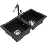 Mexen Mario lavello da cucina in granito a 2 vasche con rubinetto cucina Flora, nero - 6504-77-670401-07