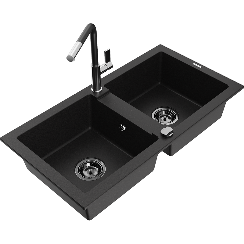 Mexen Mario granite double-bowl sink with Flora kitchen tap, black - 6504-77-670401-07-B
