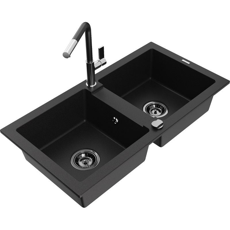 Mexen Mario Granitspüle 2-Becken mit Küchenarmatur Flora, schwarz - 6504-77-670401-07-B