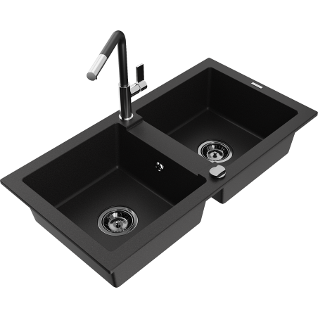 Mexen Mario fregadero de granito de 2 compartimentos con grifo de cocina Flora, negro - 6504-77-670401-07-B