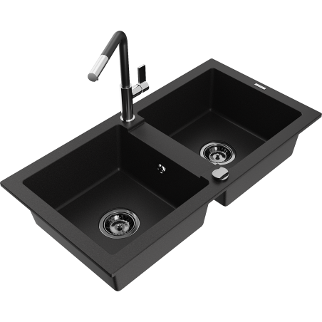 Mexen Mario Granitspüle 2-Becken mit Küchenarmatur Flora, schwarz - 6504-77-670401-07-B