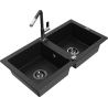 Mexen Mario fregadero de granito de 2 compartimentos con grifo de cocina Flora, negro - 6504-77-670401-07-B