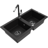 Mexen Mario granite double-bowl sink with Flora kitchen tap, black - 6504-77-670401-07-B