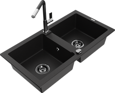 Mexen Mario 2-bowl granite sink with Flora kitchen faucet, black - 6504-77-670401-07-B