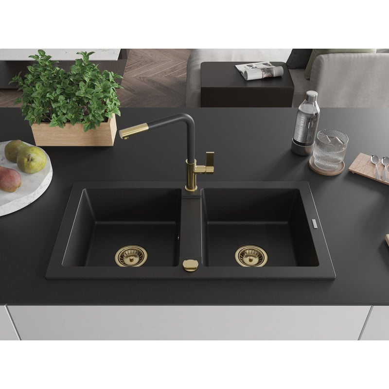 Mexen Mario granite 2-bowl kitchen sink with Flora tap, black - 6504-77-670401-57-G