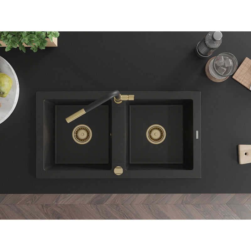 Mexen Mario fregadero de granito 2 compartimentos con grifo de cocina Flora, negro - 6504-77-670401-57-G