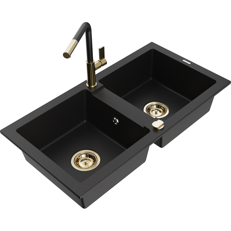 Mexen Mario fregadero de granito 2 compartimentos con grifo de cocina Flora, negro - 6504-77-670401-57-G