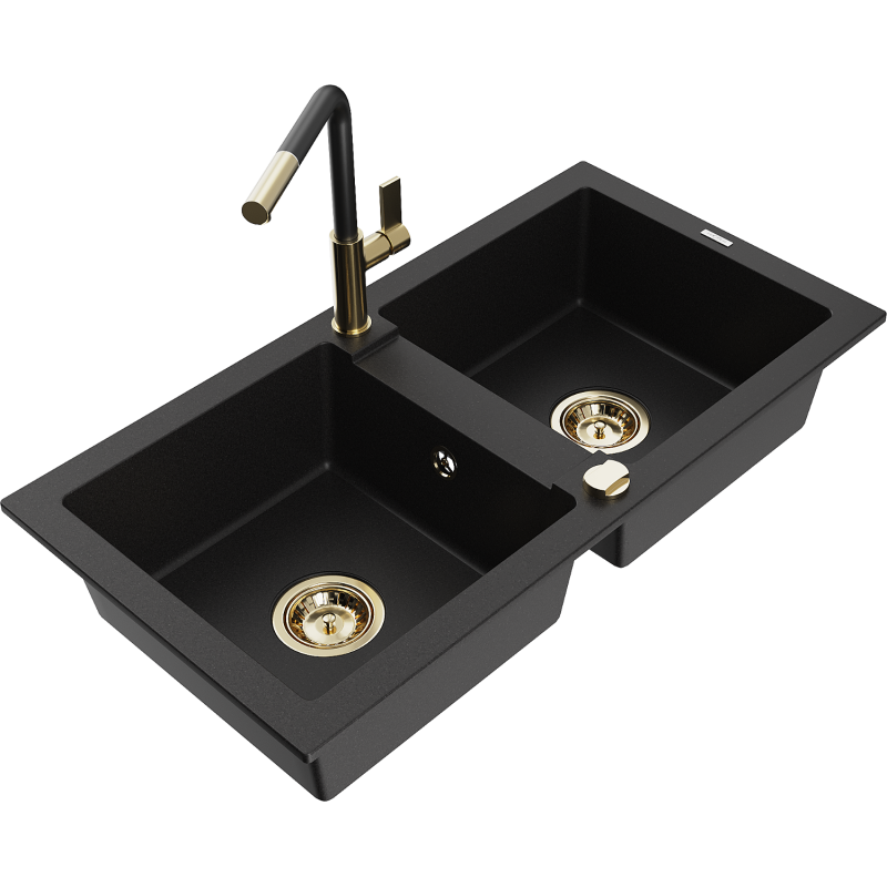 Mexen Mario Granit-Spullsteen mat 2 Becken mat Flora, schwaarz - 6504-77-670401-57-G