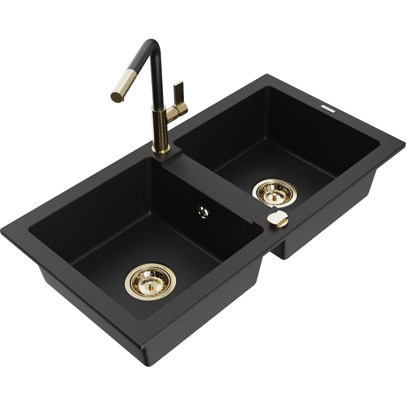 Mexen Mario granitdiskbänk med 2 kammare och Flora köksblandare, svart - 6504-77-670401-57-G