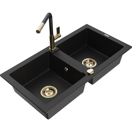Mexen Mario lava-louça de granito de 2 cubas com torneira de cozinha Flora, preto - 6504-77-670401-57-G