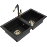 Mexen Mario fregadero de granito 2 compartimentos con grifo de cocina Flora, negro - 6504-77-670401-57-G