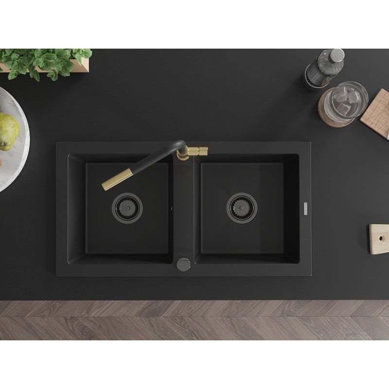 Mexen Mario évier en granit 2 bacs avec robinet de cuisine Flora, noir - 6504-77-670401-57-B
