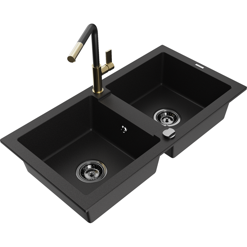 Mexen Mario fregadero de granito de 2 compartimentos con grifo de cocina Flora, negro - 6504-77-670401-57-B