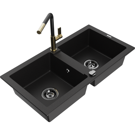 Mexen Mario lava-loiça de granito de 2 cubas com torneira de cozinha Flora, preto - 6504-77-670401-57-B