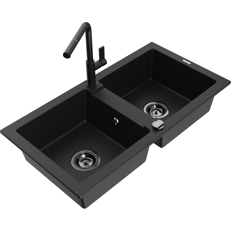 Mexen Mario fregadero de granito de 2 compartimentos con grifo de cocina Flora, negro - 6504-77-670401-70-B