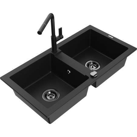 Mexen Mario fregadero de granito de 2 cámaras con grifo de cocina Flora, negro - 6504-77-670401-70-B