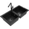 Mexen Mario fregadero de granito de 2 compartimentos con grifo de cocina Flora, negro - 6504-77-670401-70-B