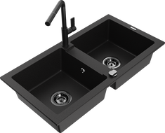 Mexen Mario granite kitchen sink 2-bowl with Flora kitchen tap, black - 6504-77-670401-70-B