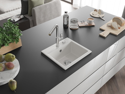 Mexen Milo Granitspüle 1-becken mit Küchenarmatur Flora, weiß - 6505-20-670401-00