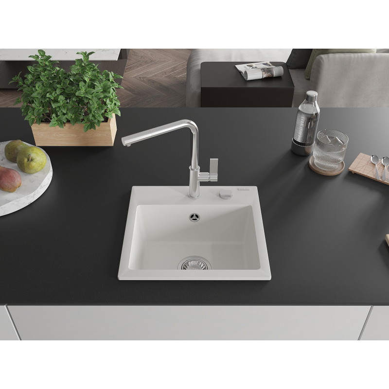 Mexen Milo évier en granit 1 bac avec robinet de cuisine Flora, blanc - 6505-20-670401-00