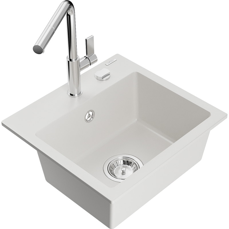 Mexen Milo évier en granit 1 bac avec robinet de cuisine Flora, blanc - 6505-20-670401-00
