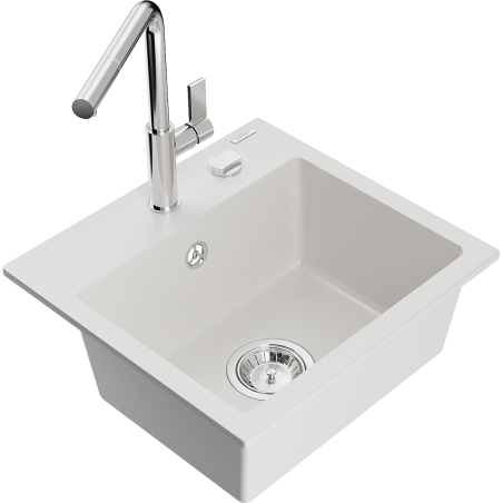 Mexen Milo lavello in granito 1-vasca con miscelatore da cucina Flora, bianco - 6505-20-670401-00