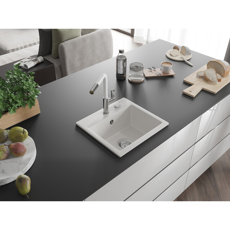 Mexen Milo évier en granit 1 bac avec robinet de cuisine Flora, blanc - 6505-20-670401-02