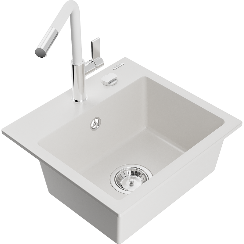 Mexen Milo lava-loiça de granito de 1 cuba com torneira de cozinha Flora, branco - 6505-20-670401-02